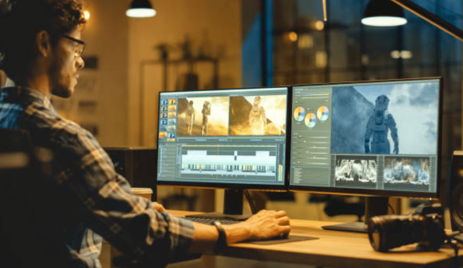 Giovane uomo in camicia a quadri edita un video utilizzando un computer con due monitor